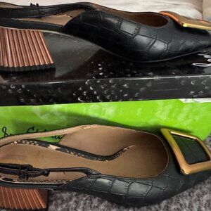 Sam Edelman Slingback Low Heel Black Shoe with Gold Buckle - Tanessa